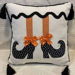 Halloween Witches Legs Black Stripe Orange Bows Black Tassels 12" x 12"